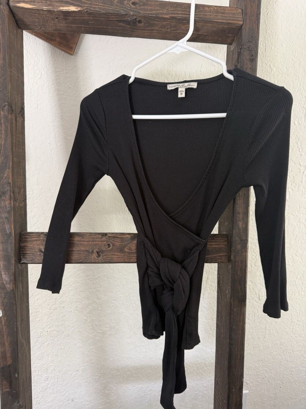 Express Black Ribbed Wrap Top Long Sleeve Tie Waist Stretch Fitted Size XS